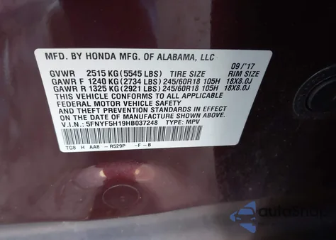 2017 Honda Pilot Lx z USA, uszkodzony, nr VIN 5FNYF5H19HB037248